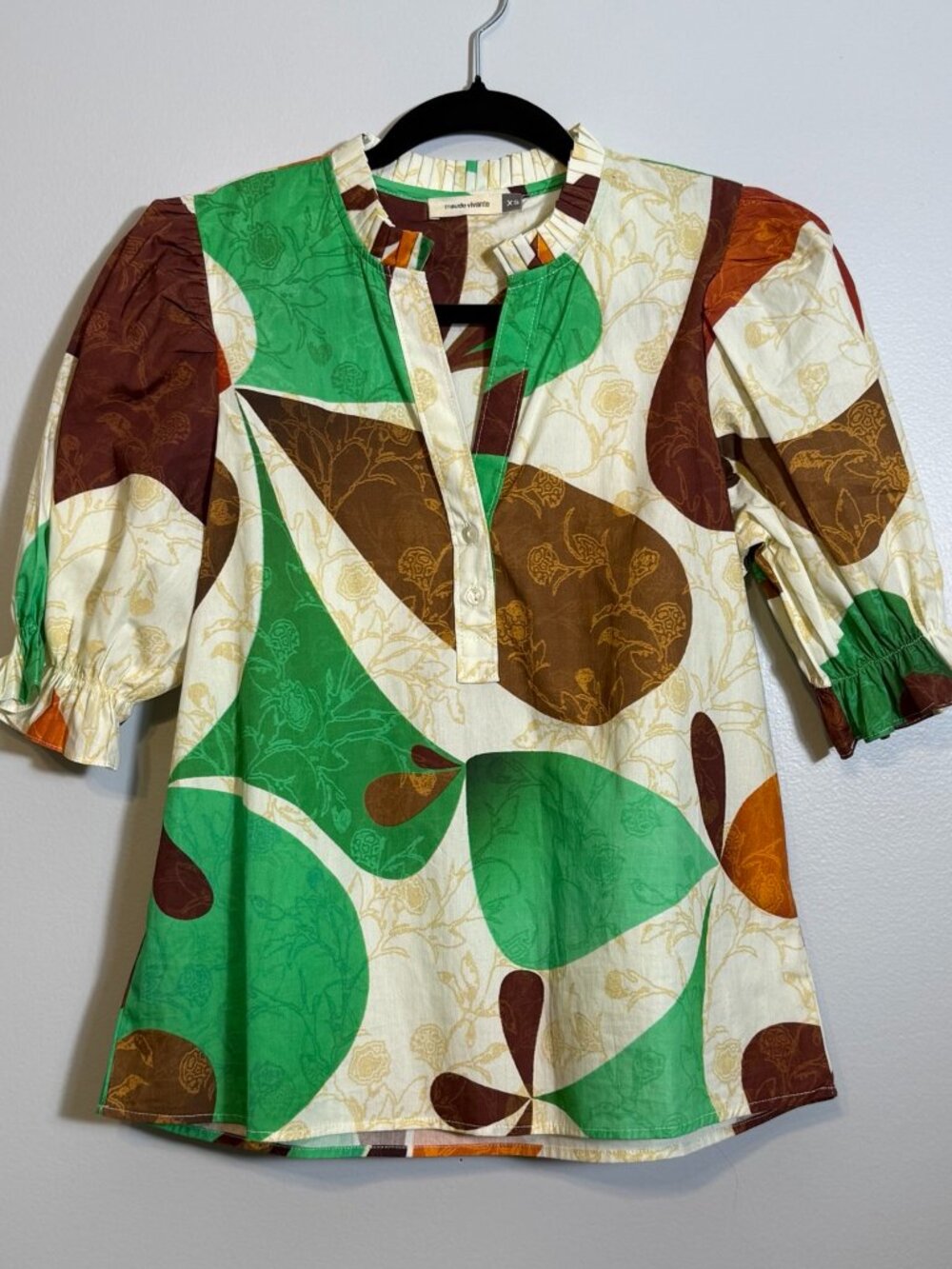 Abstract Cotton Blouse XS Puff Sleeve Boho Artsy Top - Picture 3 of 10